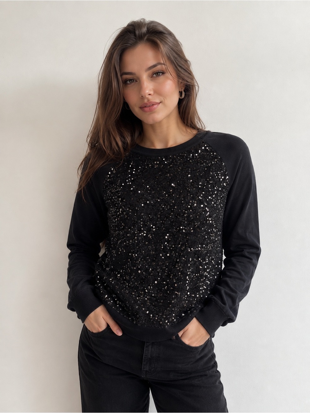 ELLE Women’s Black Sequin Front Sweater Long Sleeve Size L NWT